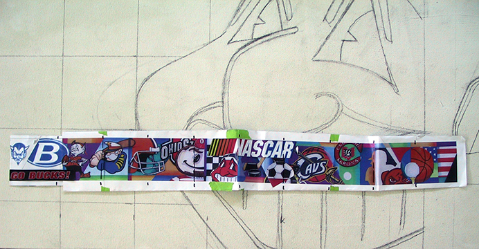 Artist Hector Vega's sports-theme design for the bar's back wall painting