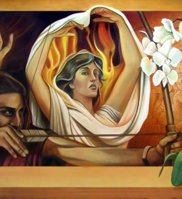 the anguish of rama, by john rivera-resto, rama shooting an arrow and sita purified by fire detail, jakarta 2008