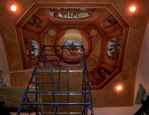 detail of pon-poms and empty flower pot