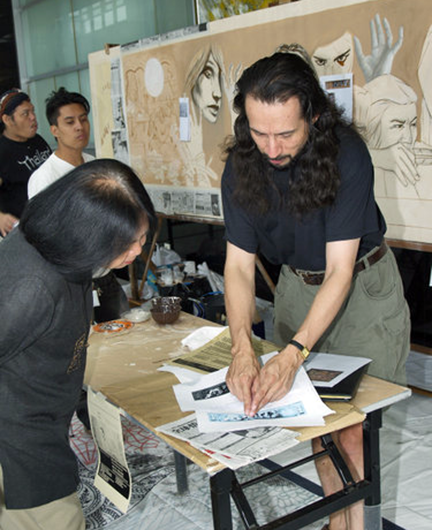 john rivera-resto giving a painting workshop at binus university in jakarta, indonesia, 2008