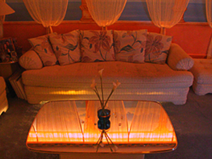 mural lighting mirrored coffee table detail